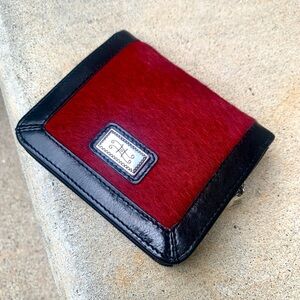 BRIGHTON Wine Burgundy Red Cowhide & Black Leather Snap Flap Zip Wallet